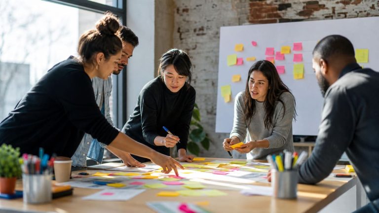 Atelier d’intelligence collective avec post-it et échanges d’idées.
