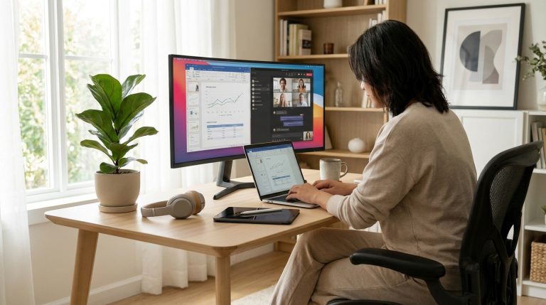 Une personne travaillant sur un ordinateur portable et un écran externe dans un bureau à domicile lumineux.