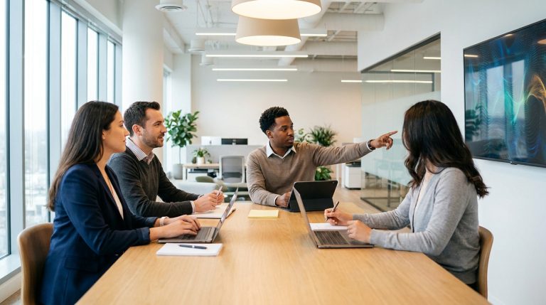 Quatre professionnels discutant autour d'une table dans une salle de réunion moderne et lumineuse.