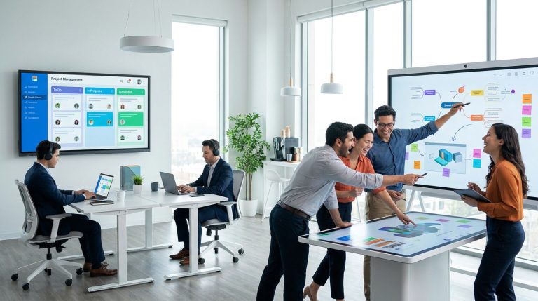 Équipe travaillant ensemble devant des écrans tactiles interactifs dans un bureau moderne lumineux.