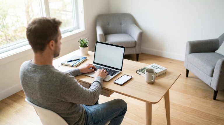 Un homme travaillant sur un ordinateur portable dans un espace de bureau moderne et épuré.