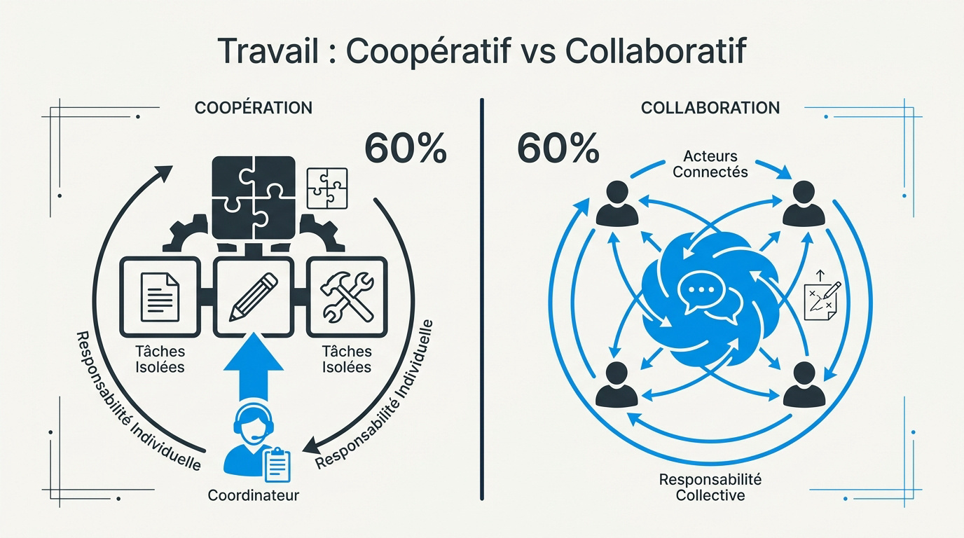 Infographie comparant les mécanismes du travail coopératif et du travail collaboratif