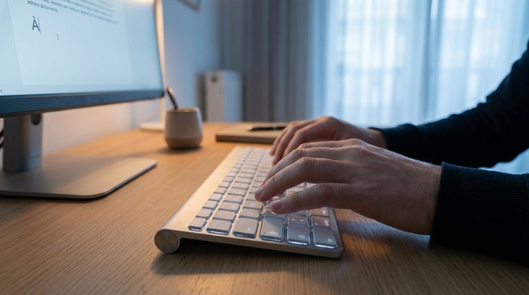 Gros plan sur des mains tapant sur un clavier d'ordinateur, avec un « À » affiché sur l'écran en arrière-plan.
