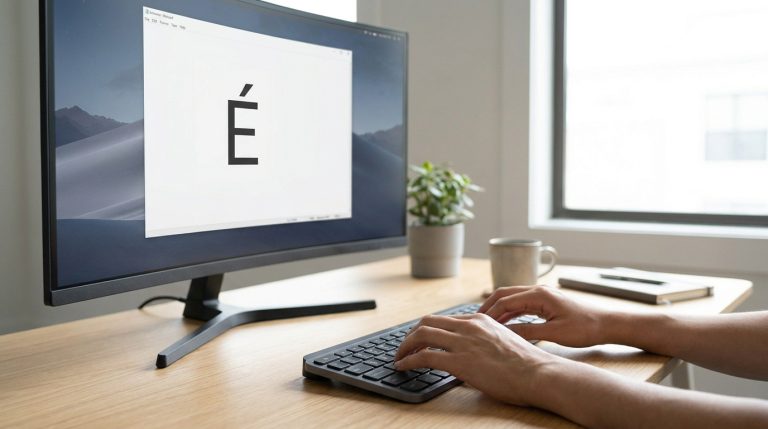 Une personne tape sur un clavier devant un écran affichant un grand « É » majuscule accentué sur fond blanc.
